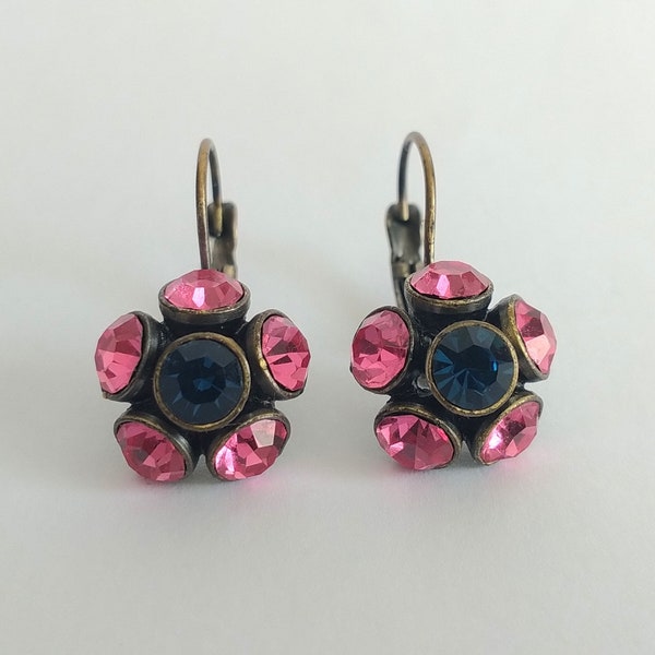 Vintage Pink Rhinestone Sputnik Leverback Earrings Antique Gold Sputnik Earrings, Blue Pink Dangle Rhinestone Earrings