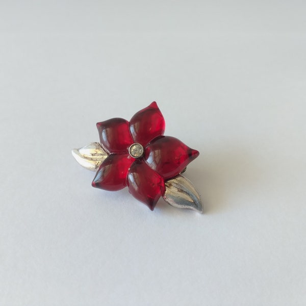 Anne Klein Red Lucite Flower Brooch, Silver Plate Red Flower Brooch Pin, Brooch for Women, Vintage Jewelry Gifts
