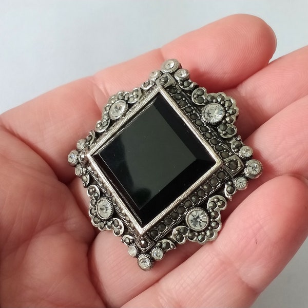 Monet Square Black Glass Brooch, Marcasite clear rhinestone brooch, large faceted black glass brooch