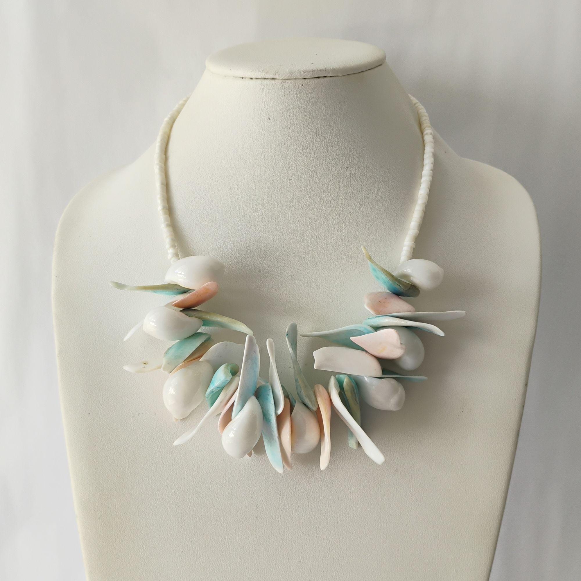 Vintage Shell Bib Necklace, Pastel Pink Blue White Seashell Statement…