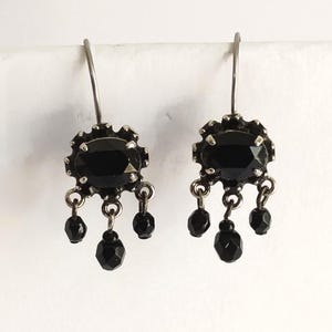 Vintage Silver Pave Black Rhinestone Glass Bead Chandelier Earrings French Hooks