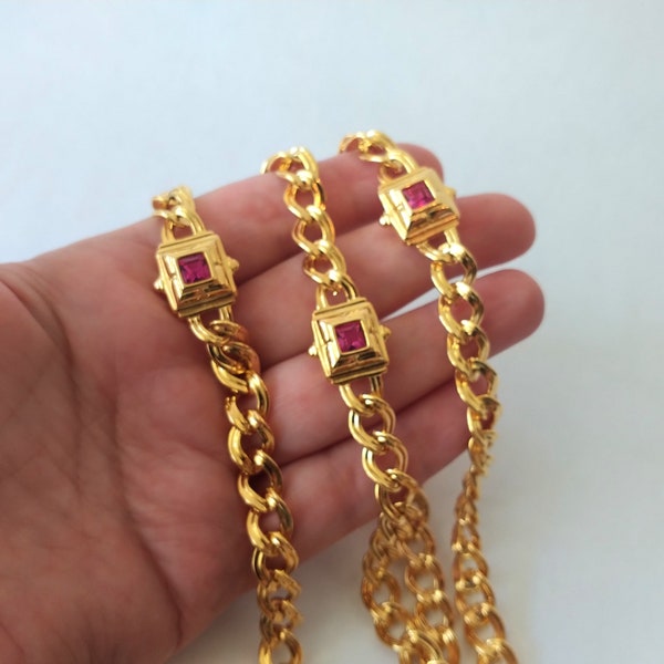 Nolan Miller Gold Pink Crystal Metropolitan Curb Chain Link Necklace 36 in. Fuchsia Crystal Gold Chain Link Necklace for Women, Gift for Her