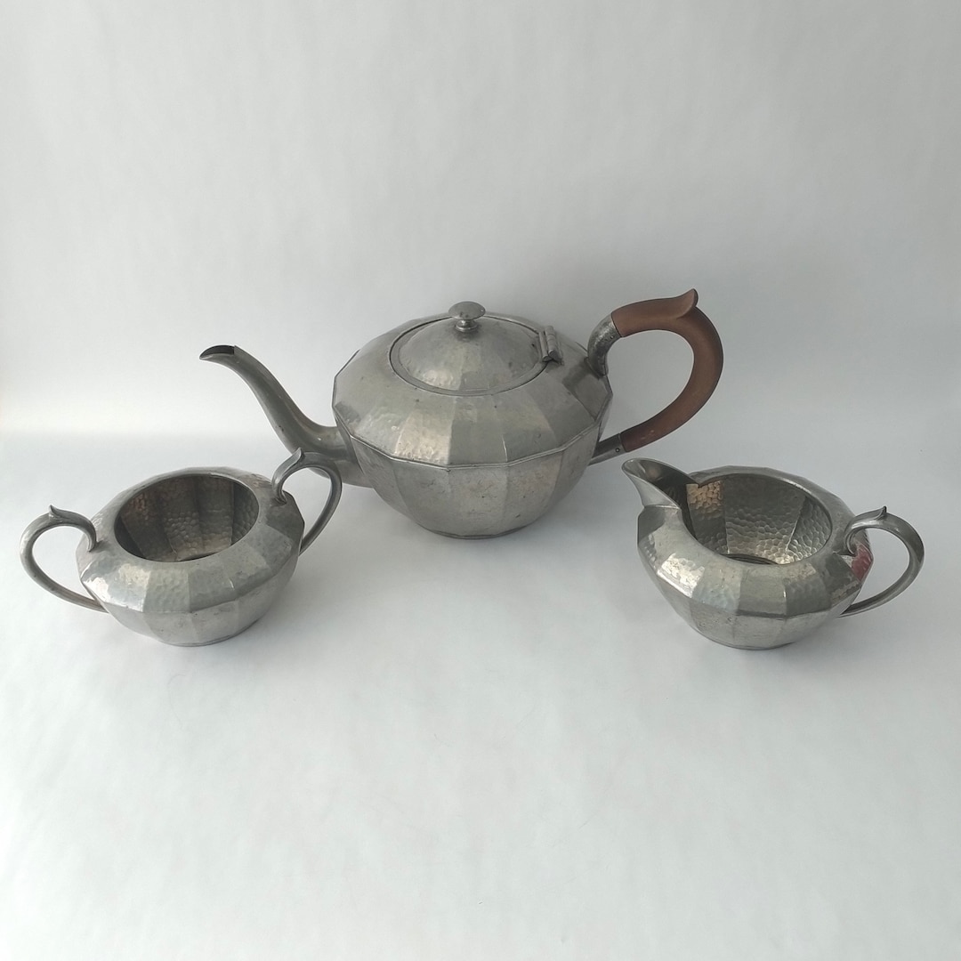 Antique Civic Pewter Hammered Pewter Tea Set Sheffield England, Antique