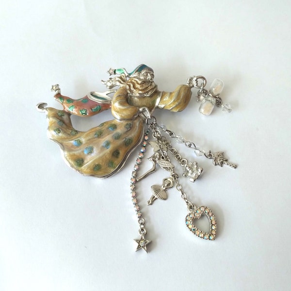 Kirks Folly Sweet Dream Sandman Charm Brooch Iridescent Enamel AB Crystal Glass Hourglass, Retired Kirks Folly Sandman Brooch