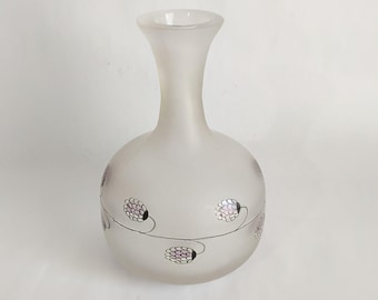 Vintage Frosted Art Glass Vase | Hand Painted Pink Black Floral | Signed Asian Hand Blown Glass