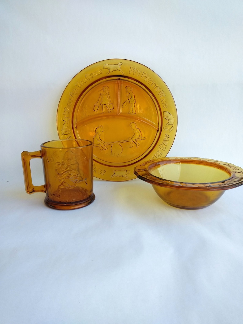 and Mug Tiara Exclusive Amber Glass Nursery Rhyme Children/'s 3 Piece Dinnerware Set Divided Plate Indiana Glass USA Bowl