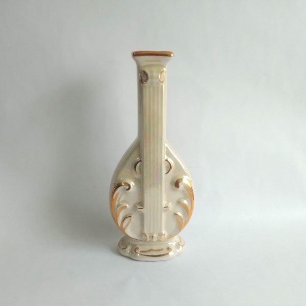 Lusterware Ceramic Mandolin Wall Pocket Vases, Vintage Art Pottery Lusterware Beige Gold Wall Pocket, Musical Wall Decor