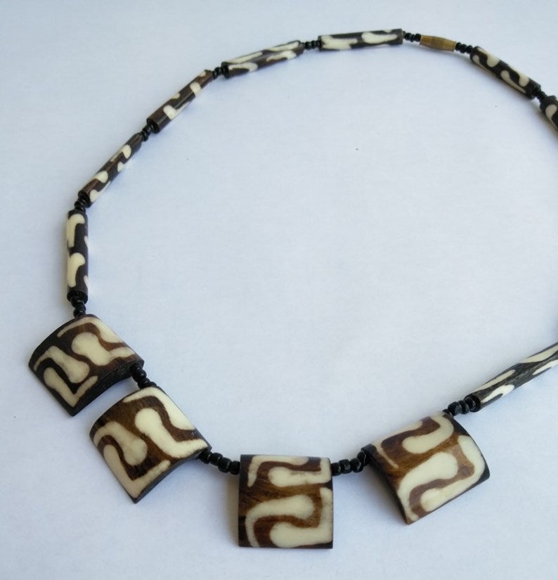Vintage African Batik Bone Tribal Beaded Necklace Masai Kenya African Batik Bone Bead Necklace Handcrafted Ethnic Necklace
