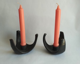 Southwest Burnished Black Art Pottery Candlestick Holders, Curved Clay Candlestick Holders Mid Century Mod Art Pottery Candle Holders Retro