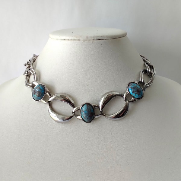 Vintage Silver Tone Faux Turquoise Curb Link Choker Necklace, Chunky Chain Link Necklace, Wide Chain Necklace,