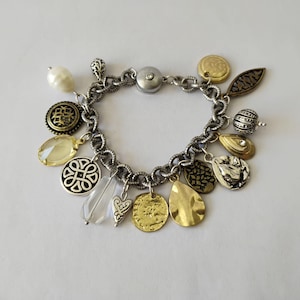 Vintage Multiple Charm Bracelet Gold and Silver Charms, Faux Pearl Charm, Etched Silver Charm Bracelet