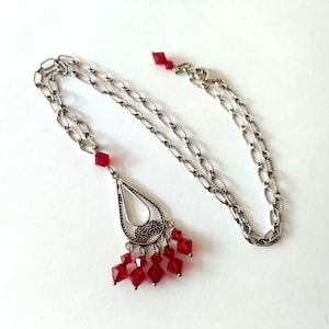 925 Sterling Silver Rope Teardrop Dangle Red Crystal Pendant Necklace, Silver Rope Teardrop Necklace, Red Crystal Pendant Necklace Handmade