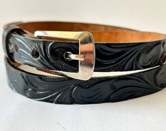 Looper Black Tooled Leather Belt Size 34" -Western Genuine Leather Belt, Black Tooled Leather Womens Belt, Looper Leather Belts