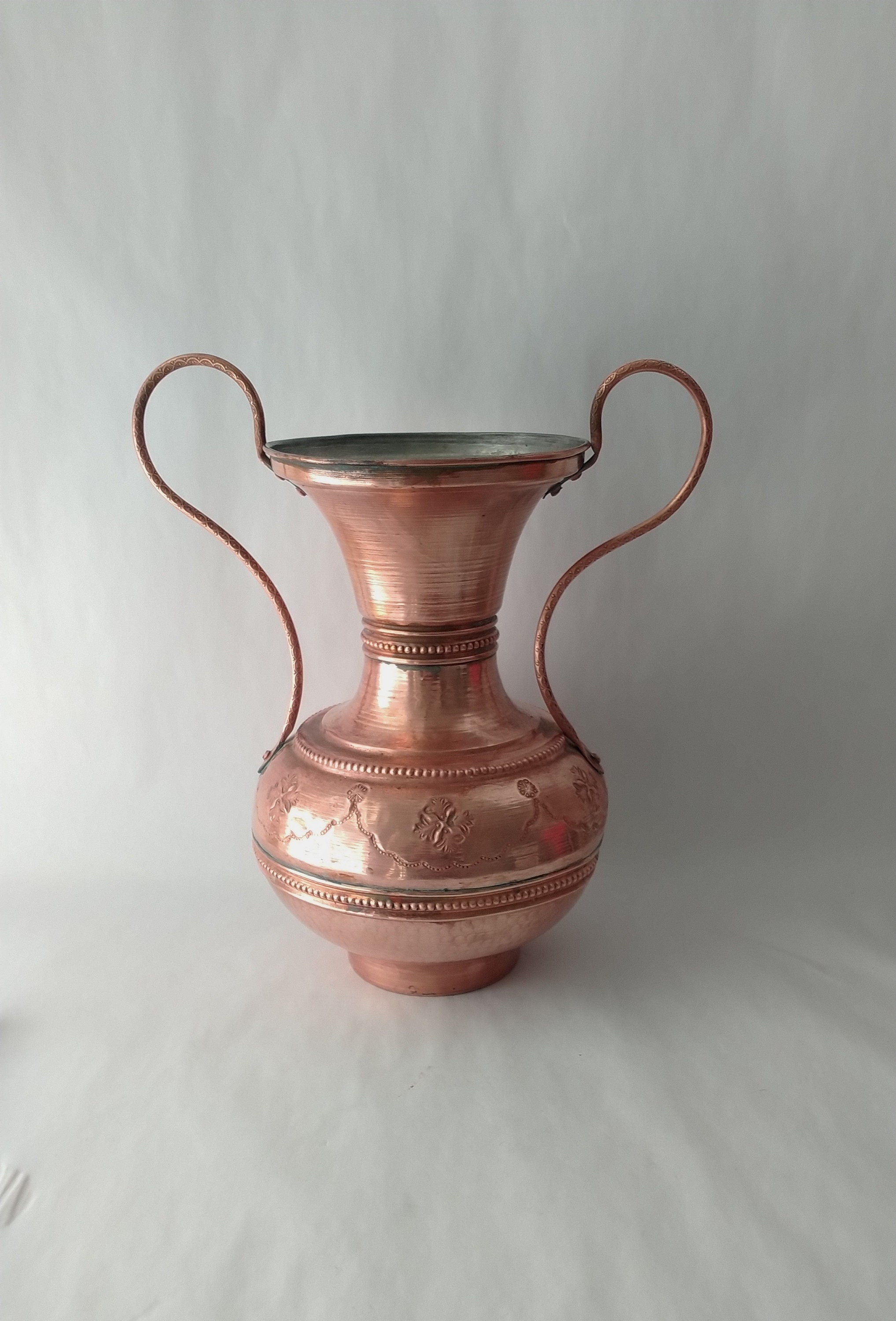 Antique Embossed Copper Vase with Handles Hammered Copper Tin Etsy
