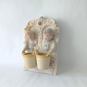 Signed Chase Bisque Porcelain Wall Pocket, Occupied Japan Porcelain Wall Pocket Art, Chase Figural Porcelain Wall Art, Victorian Decor