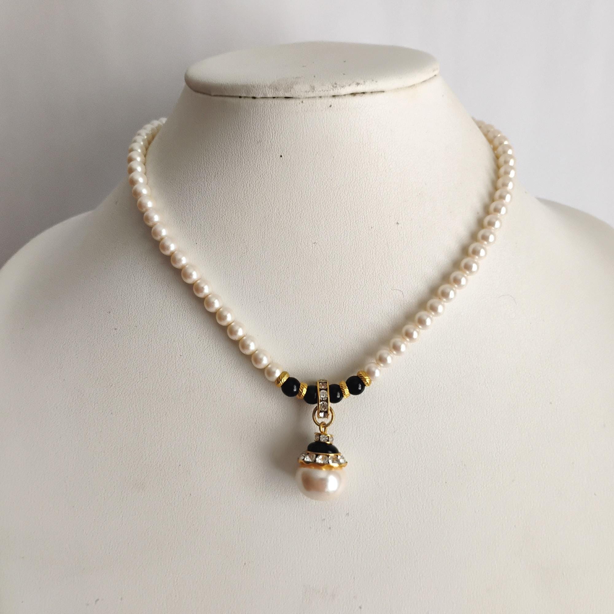 ★HAS★ HLD029 Crystal pearl bead necklace Signed CJ Gray Faux Pearl Faceted Crystal Woven Beaded