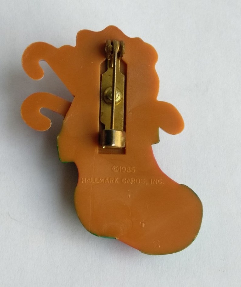 Plastic Holiday Brooch Pins Christmas Jewelry 1980 Hallmark Christmas Brooch Vintage Pins Girls Holiday Pins Christmas Bear Stocking