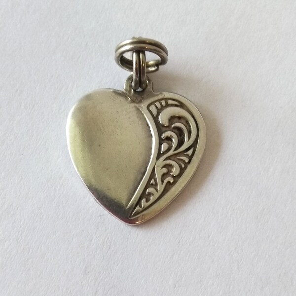 Vintage Sterling Silver Heart Charm with Scroll Embossed Silver Heart Charm Pendant