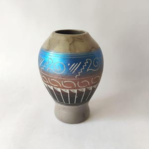 Vintage Native American Pottery | Etched Blue Horsehair Vase | Signed Carol Benally  Miniature Southwestern Art | Rustic Copper Decor