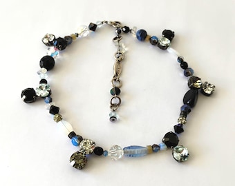 Vintage Signed FIVA Multi Stone Swarovski Crystal Choker Collar Necklace Moonstone Black Onyx Beaded Chunky Statement Prom Wedding Gift