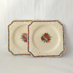 2 Antique Crown Ducal Gainsborough England Raised Floral Square Luncheon Plates, Multicolored Floral Crown Ducal Plates
