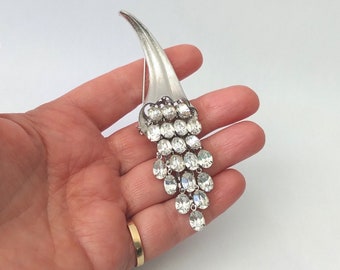 Vintage Silver Crystal Waterfall Tassel Cluster Brooch, oval cluster rhinestone dangle brooch, mid century modern brooch