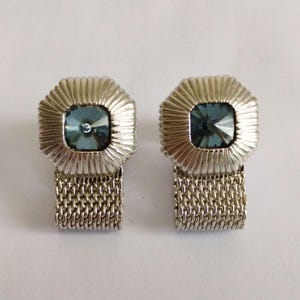 Boutons De Manchette Vintage En Pierre Rivoli Bleue - Ton Argenté, Maillage Mesh, Occasion