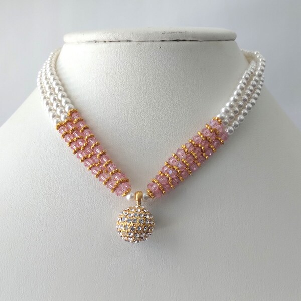 Encrusted Crystal Ball Multi Strand Pink Crystal Faux Pearl Necklace for Women Gold Crystal Ball Pendant 3 Row Crystal Bead Necklace