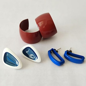 Lot of 3 Vintage Enamel Pierced Earrings | Retro 80s Chunky Brown Hoops Blue Rectangles & White Triangles | Fun Mod Statement Jewelry