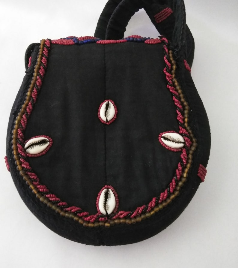 Black Fabric Purse Handbag Handmade Beaded Crossbody Bag Boho Purse Turquoise Cowrie Shell Red Bead Crossbody Shoulder Bag Handcrafted