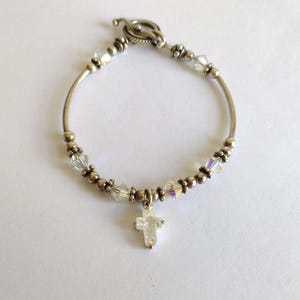 925 Sterling Silver AB Crystal Cross Charm Bracelet, Sterling Silver Tube Bead Crystal Bracelet, Crystal Cross Charm Bracelet