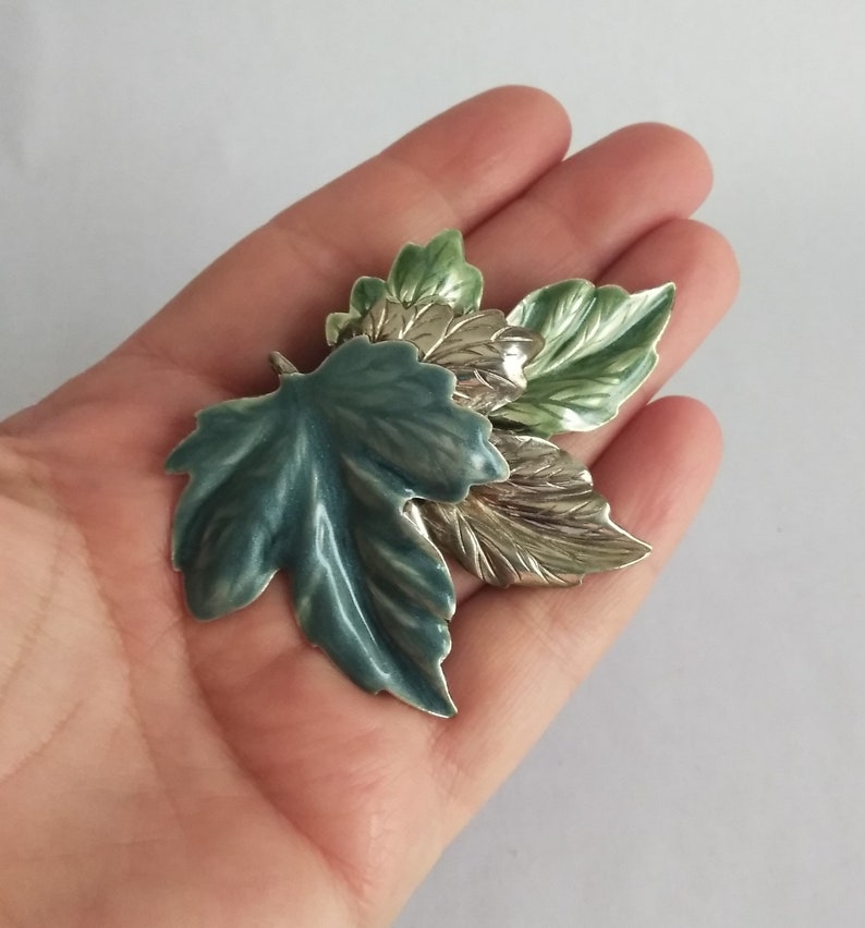 Vintage Jewelry Vintage Silver Enamel Maple Leaf Brooch Metallic Blue Green Enamel Leaves Large Leaf Brooch Dimensional Statement Brooch