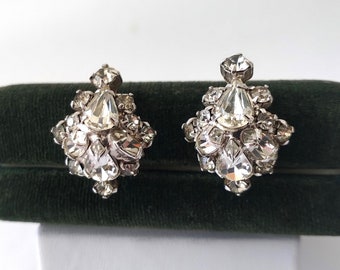 BA Ballou Silver Cluster Rhinestone Earrings, Mid Century Rhinestone Cluster Earrings, Bridal Wedding Earrings Costume Jewelry