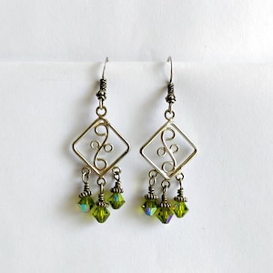 925 Sterling Silver Green Crystal Chandelier Earrings, Scrolled Sterling Silver Dangle Earrings, Handmade Silver Green Crystal Earrings
