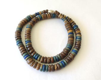 Unisex Coconut Shell Saucer Beaded Necklace Natural Brown and Blue Heishi Disc Strand with Barrel Clasp
