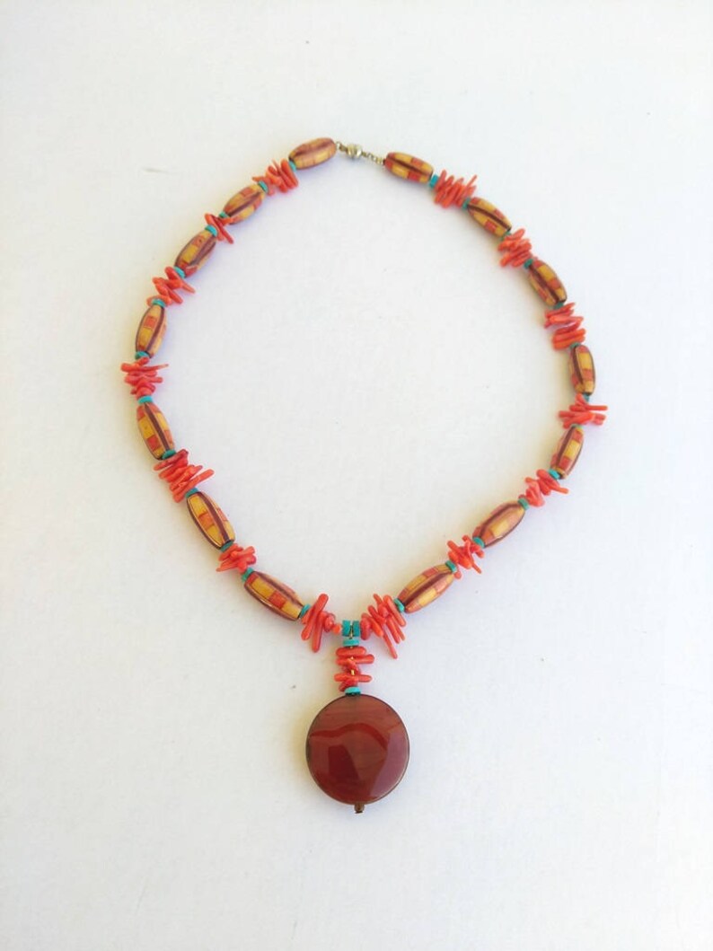 Orange Coral Beads Multicolor Wood Beads Red Natural Agate Necklace, Vintage Carnelian Coral Wood Bead Pendant Necklace Turquoise Stones