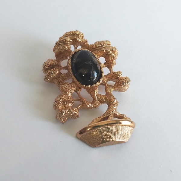Vintage Gold Bonsai Tree Brooch Black Confetti Cabochon Costume Jewelry Vintage Amway Bosnia Tree Jewelry