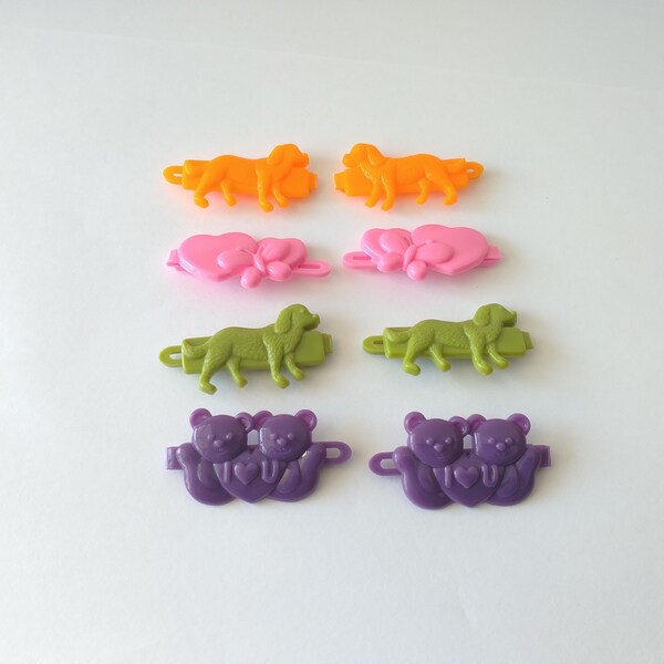 Lot of 8 Plastic Barrettes for Girls Dog Barrettes, Hearts and Teddy Bear Barrettes