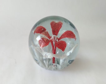 Vintage Murano Red Flower Control Bubble Art Glass Paperweight, Hand Blown Glass Floral Paperweight