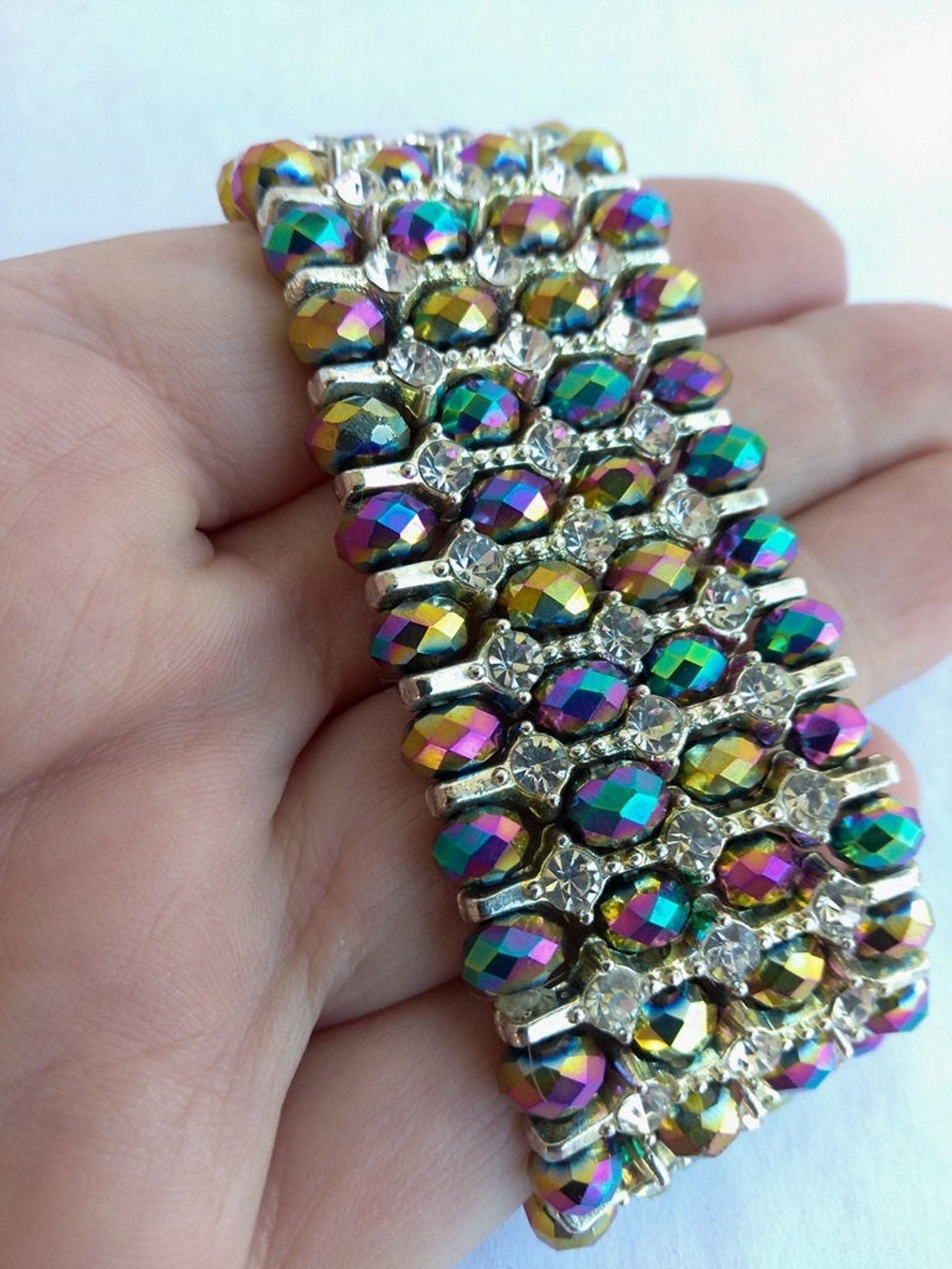 Wide Rainbow Crystal and Rhinestone Stretch Bracelet Faceted Etsy