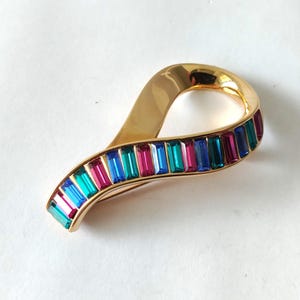 Swarovski Pave Multicolor Baguette Crystal Brooch, Baguette Crystal Teardrop Statement Brooch, Swan Signed Swarovski Crystal Brooch