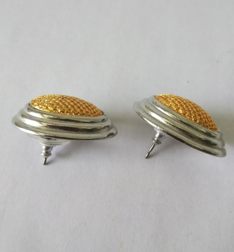 Silver and Gold Oval Cabochon Stud Earrings Costume Jewelry Two Tone Statement Earrings Chunky Stud Earrings Vintage Jewelry