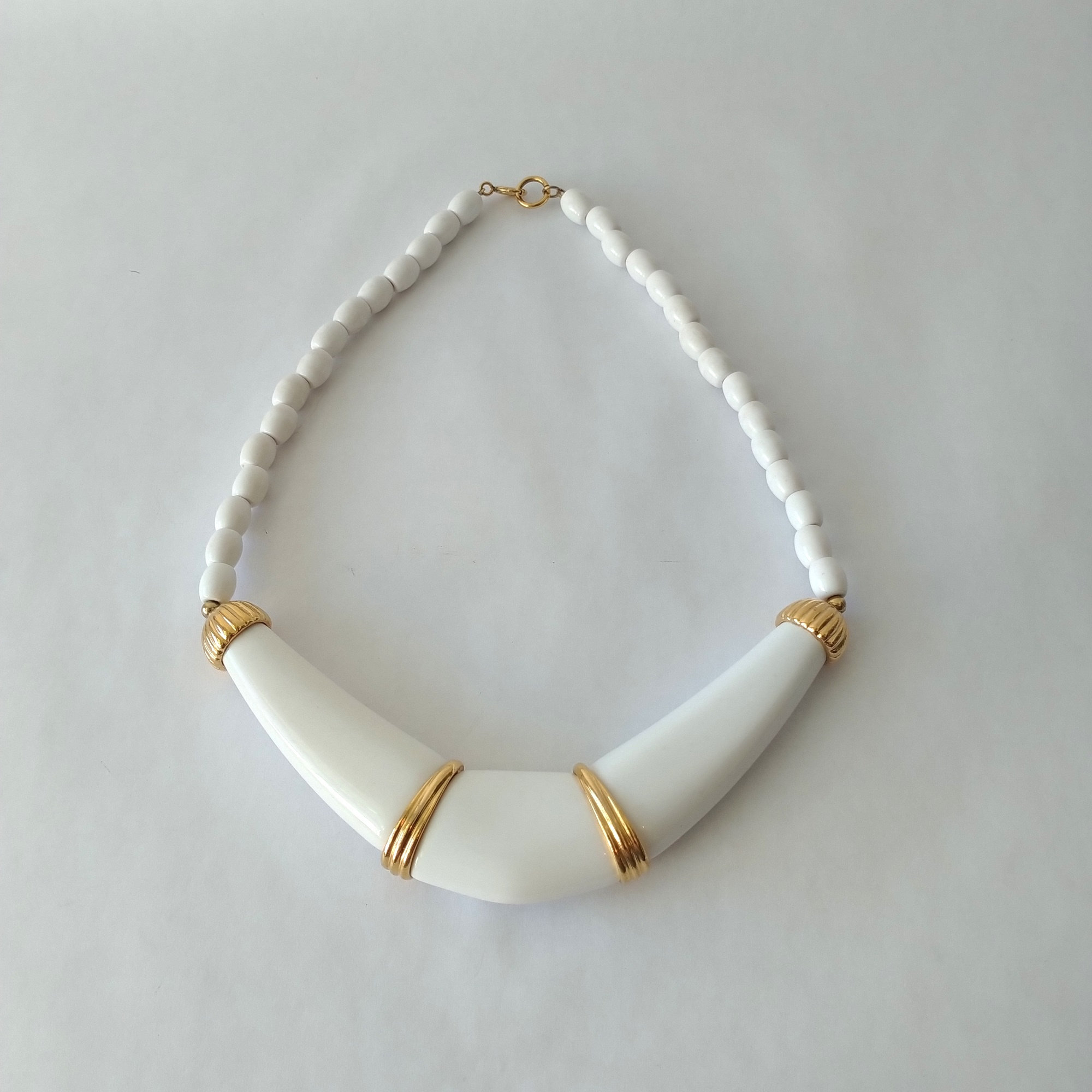 Vintage White Lucite Collar Necklace, White and Gold Tone Bead Choker, Mid Century Modern