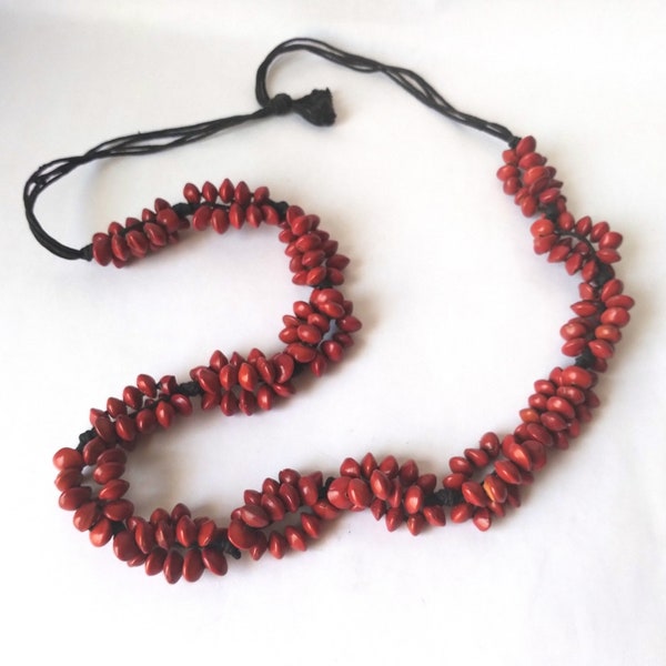 35 in. Long Red Bahay Seed Bead Cluster Statement Necklace handmade bahay seed pod necklace for women