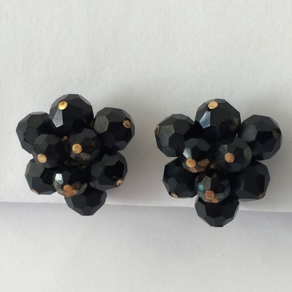 Vendome Cluster Bead Earrings, Black and Gold Cluster Bead Earrings, Vendome Vintage Jewelry