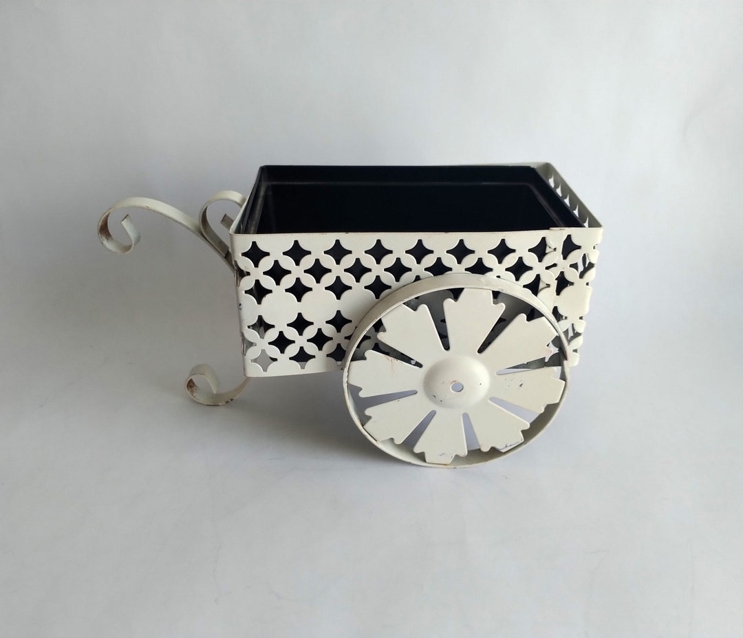 Vintage Wrought Iron Wagon Planter, White Metal Wagon Planter Tabletop
