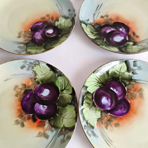 Antique MZ Altrohlau Czech Porcelain Plates: Hand Painted Plums, Set of 4