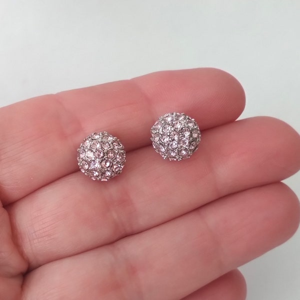 Silver Pink Rhinestone Ball Stud Earrings Costume Jewelry, Pave Pink Rhinestone Stud Earrings