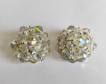 Vintage AB Crystal Cluster Clip On Earrings Mid Century Modern