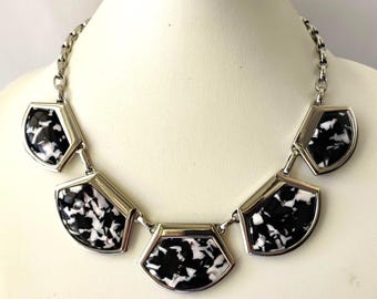 Chico's Statement Necklace | Black and White Marbled Panel Bib | Silver Tone Chunky Geometric Collar | Bold Cabochon Jewelry